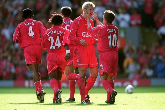Liverpool V Sunderland, Premier League Michael Owen of Liverpool and Christian Zeige celebrate during the Premier League match between Liverpool and Sunderland at Anfield on September 23, 2000 in Liverpool, England . Liverpool Anfield England United Kingdom Copyright: xAllstarxPicturexLibraryxLtdx