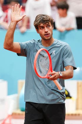 April 27, 2026, Madrid, Madrid, Spain: Flavio Cobolli of Italy reacts after winning against Adolfo Daniel Vallejo of Paraguay during the Mutua Madrid Open 2026, ATP, Tennis Herren Masters 1000 and WTA, Tennis Damen 1000, at La Caja Magica on April 27, 2026 in Madrid, Spain. Madrid Spain - ZUMAa181 20260427_zaa_a181_596 Copyright: xIrinaxR.xHipolitox