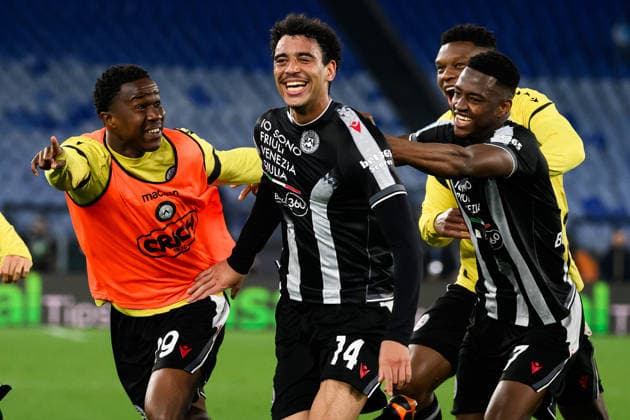 Arthur Atta of Udinese Calcio (c) celebrates with team mates after scoring the goal of 2-3 during the Serie A 2025 2026 football match between SS Lazio and Udinese Calcio at Stadio Olimpico in Rome (Italy), April 27, 2026. AndreaxStaccioli