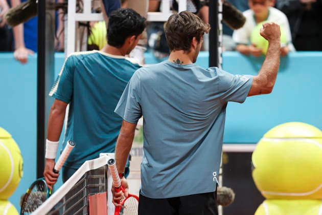 April 27, 2026, Madrid, Madrid, Spain: Flavio Cobolli of Italy reacts after winning against Adolfo Daniel Vallejo of Paraguay during the Mutua Madrid Open 2026, ATP, Tennis Herren Masters 1000 and WTA, Tennis Damen 1000, at La Caja Magica on April 27, 2026 in Madrid, Spain. Madrid Spain - ZUMAa181 20260427_zaa_a181_592 Copyright: xIrinaxR.xHipolitox