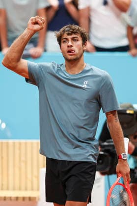 April 27, 2026, Madrid, Madrid, Spain: Flavio Cobolli of Italy reacts after winning against Adolfo Daniel Vallejo of Paraguay during the Mutua Madrid Open 2026, ATP, Tennis Herren Masters 1000 and WTA, Tennis Damen 1000, at La Caja Magica on April 27, 2026 in Madrid, Spain. Madrid Spain - ZUMAa181 20260427_zaa_a181_595 Copyright: xIrinaxR.xHipolitox