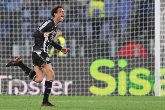 Arthur Atta of Udinese celebrates after scoring goal in the 93th minute for 2-3 during the match of 34th day of the Serie A Championship between S.S.Lazio and Udinese at the Olimpico Stadium on Apr 27, 2026 in Rome, Italy. during SS Lazio vs Udinese Calcio, Italian soccer Serie A match in Rome, Italy, April 27 2026  Copyright: xRobertoxRamaccia IPAxSportx xipa-agency.netx xx IPA_74280970 IPA_Agency_IPA74280970