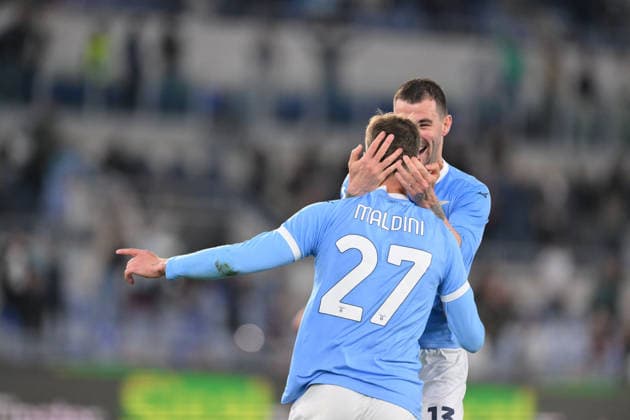 Daniel Maldini of SS Lazio celebrates with his teammate Alessio Romagnoli of SS Lazio after scoring the 3-3 goal during the match of 34th day of the Serie A Championship between S.S.Lazio and Udinese at the Olimpico Stadium on Apr 27, 2026 in Rome, Italy. during SS Lazio vs Udinese Calcio, Italian soccer Serie A match in Rome, Italy, April 27 2026  Copyright: xRobertoxRamaccia IPAxSportx xipa-agency.netx xx IPA_74280973 IPA_Agency_IPA74280973