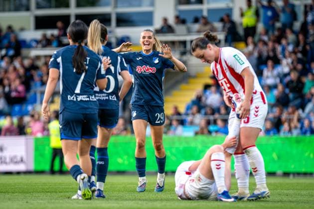 Selina Cerci 29 TSG Hoffenheim cheers at the Dietmar Hopp Stadium while players from 1 FC Köln lie on the ground GPFBL TSG Hoffenheim 1 FC Köln, 27 04 2026 Copyright: xSpeedshotx