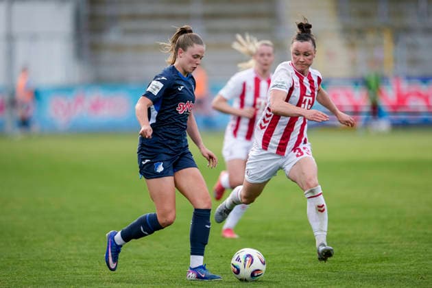 v li Valesca Ampoorter TSG, 18 , Marina Hegering Köln, 33, Captain , duel, duel, tackle, tackling, dynamics, action, action, 27 04 2026, Sinsheim Hoffenheim Germany , Football, Google Pixel Women Bundesliga, TSG 1899 Hoffenheim 1 FC Köln, DFB DFL REGULATIONS PROHIBIT ANY USE OF PHOTOGRAPHS AS IMAGE SEQUENCES AND OR QUASI VIDEO xozx
