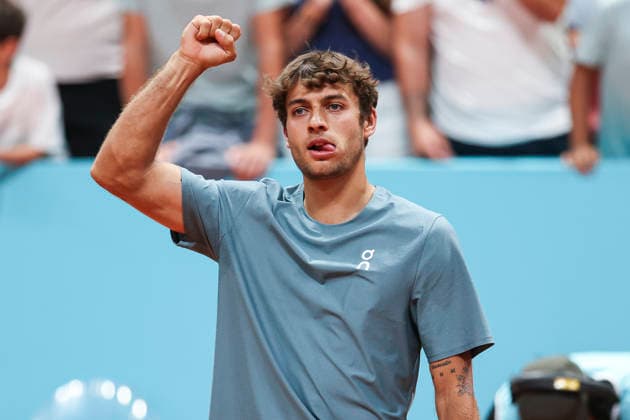 April 27, 2026, Madrid, Madrid, Spain: Flavio Cobolli of Italy reacts after winning against Adolfo Daniel Vallejo of Paraguay during the Mutua Madrid Open 2026, ATP, Tennis Herren Masters 1000 and WTA, Tennis Damen 1000, at La Caja Magica on April 27, 2026 in Madrid, Spain. Mutua Madrid Open 2026 - Day 8 - ZUMAa181 20260427_zaa_a181_883 Copyright: xIrinaxR.xHipolitox