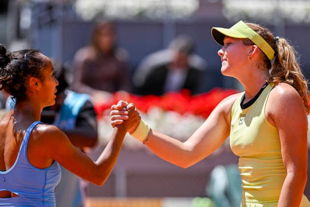 April 28, 2026, Madrid, Madrid, Spain: LEYLAH FERNANDEZ of Canada and MIRRA ANDREEVA of Russian †WILSON during the Mutua Madrid Open 2026, ATP, Tennis Herren Masters 1000 and WTA, Tennis Damen 1000 tennis tournament, celebrated at Caja Magica on April 28, 2026 in Madrid, Spain. Madrid Spain - ZUMAc312 20260428_zsp_c312_245 Copyright: xOscarxManuelxSanchezx