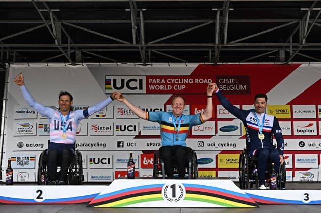 UCI Para Cycling Road World Cup: Round 2 Picture by Mathew Wells SWpix.com - 28 04 2026 - Cycling - UCI Para Cycling Road World Cup: Round 2 - Gistel, West Flanders, Belgium - Men H3 Individual Time Trial (ITT) Podium - Marvin Odent (Belgium) wins the gold medal, Ryan Pinney (USA) wins the silver medal, Johan Quaile (France) wins the bronze medal Copyright: x xSWpix.comx(t axPhotographyxHubxLtd)xMathewxWells SWpix.comx SWP-3030-13471