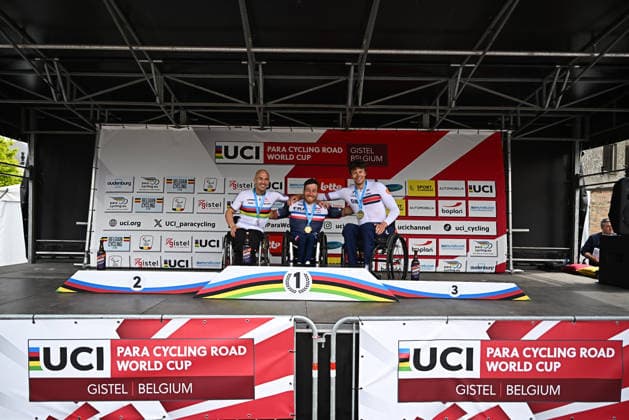 UCI Para Cycling Road World Cup: Round 2 Picture by Mathew Wells SWpix.com - 28 04 2026 - Cycling - UCI Para Cycling Road World Cup: Round 2 - Gistel, West Flanders, Belgium - Men H4 Individual Time Trial (ITT) Podium - Joseph Fritsch (France) wins the gold medal, Thomas Frühwirth (Austria) wins the silver medal, Callum Russell (Great Britain) wins the bronze medal Copyright: x xSWpix.comx(t axPhotographyxHubxLtd)xMathewxWells SWpix.comx SWP-3030-13474