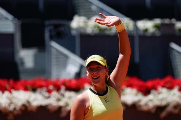 April 28, 2026, Madrid, Madrid, Spain: Mirra Andreeva of Russia reacts after winning against Leylah Fernandez of Canada during the Mutua Madrid Open 2026, ATP, Tennis Herren Masters 1000 and WTA, Tennis Damen 1000, at La Caja Magica on April 28, 2026 in Madrid, Spain. Madrid Spain - ZUMAa181 20260428_zaa_a181_208 Copyright: xOscarxJ.xBarrosox