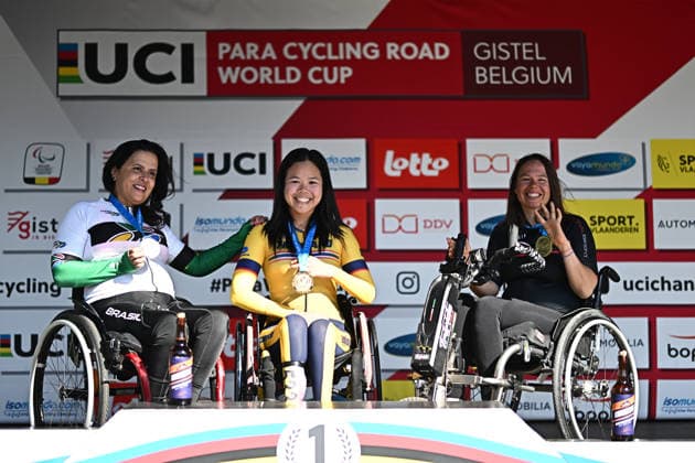 UCI Para Cycling Road World Cup: Round 2 Picture by Mathew Wells SWpix.com - 28 04 2026 - Cycling - UCI Para Cycling Road World Cup: Round 2 - Gistel, West Flanders, Belgium - Women H2 Individual Time Trial (ITT) Podium - Patcharapha Seesen (Thailand) wins the gold medal, Gilmara Sol Do Rosario Goncalves (Brazil) wins the silver medal, Marina Logacheva (Great Britain) wins the bronze medal Copyright: x xSWpix.comx(t axPhotographyxHubxLtd)xMathewxWells SWpix.comx SWP-3030-13480