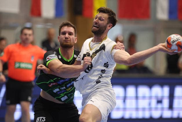 RK Nexe v THW Kiel - EHF European League Men 2025 2026 Tin Lucin of RK Nexe and Harald Reinkind of THW Kiel during the EHF European League Men 2025 26 quarter-finals 1st leg match between RK Nexe and THW Kiel at Sports Hall King Tomislav on April 28, 2026 in Nasice, Croatia.  DavidxJerkovic PIXSELL