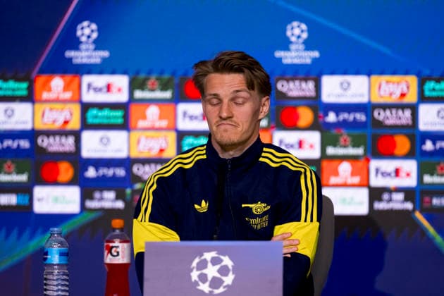 UEFA champions league - Atletico de Madrid vs Arsenal MADRID,SPAIN - 28 April:Martin Odegaard of Arsenal during the pre-match press conference, PK, Pressekonferenz of the UEFA Champions League 2025 26 semifinal first Leg match between Atletico de Madrid and Arsenal at Riyadh Air Metropolitano Stadium. (Photo by Guille Martinez f22photo) Madrid Riyadh Air Metropolitano Stadium Spain Copyright: xGuillermoxMartinezx