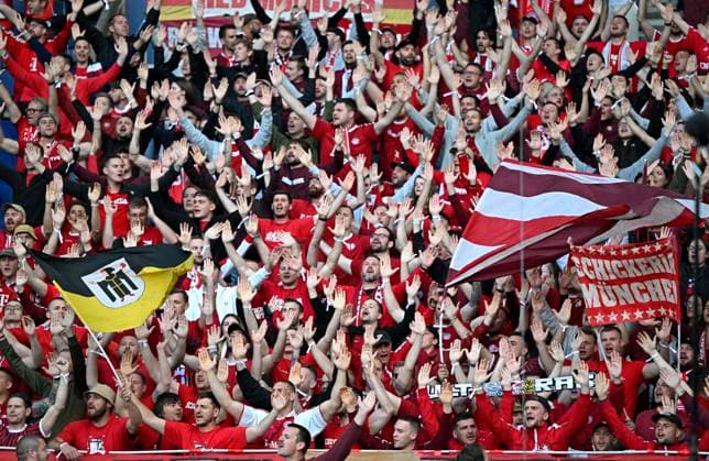 28 04 2026, Football UEFA Championsleague 2025 2026 semi-final first leg, Paris St Germain FC Bayern Munich, at the Parc de Princes stadium in Paris France The Bayern fans in the visiting curve DFL and DFB regulations prohibit any use of photographs as image sequences and or quasi video