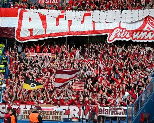 28 04 2026, Football UEFA Championsleague 2025 2026 semi-final first leg, Paris St Germain FC Bayern Munich, at the Parc de Princes stadium in Paris France The Bayern fans in the visiting curve DFL and DFB regulations prohibit any use of photographs as image sequences and or quasi video