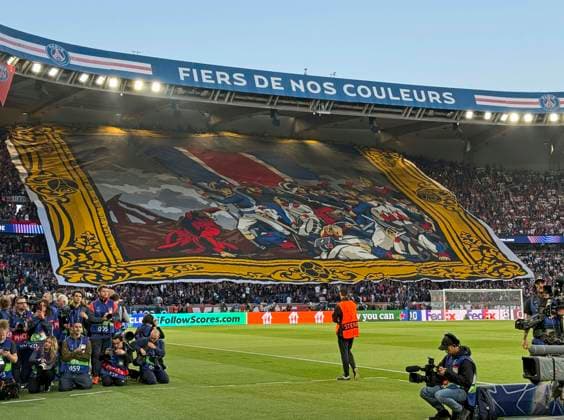 28 04 2026, Football UEFA Championsleague 2025 2026 semi-final first leg, Paris St Germain FC Bayern Munich, at the Parc de Princes stadium in Paris France Choreography of the French DFL and DFB regulations prohibit any use of photographs as image sequences and or quasi video