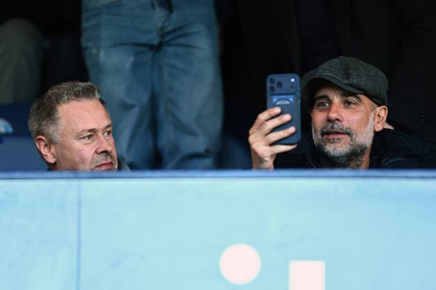 Manchester City manager Pep Guardiola alongside Stockport owner Mark Stott Stockport County v Port Vale, EFL Sky Bet League One, Football, Edgeley Park, Stockport, UK - 28 Apr 2026Stockport Edgeley Park United Kingdom EDITORIAL USE ONLY No use with unauthorised audio, video, data, fixture lists, club league logos or live services. Online in-match use limited to 120 images, no video emulation. No use in betting, games or single club league player publications.  Copyright: xPhilxOldham Shutterstockx 16847966r