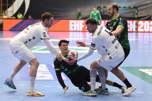 RK Nexe v THW Kiel - EHF European League Men 2025 2026 Hendrik Pekeler of THW Kielm Ognjen Cenic of RK Nexe, Domagoj Duvnjak of THW Kiel and Luka Moslavac of RK Nexe during the EHF European League Men 2025 26 quarter-finals 1st leg match between RK Nexe and THW Kiel at Sports Hall King Tomislav on April 28, 2026 in Nasice, Croatia.  DavidxJerkovic PIXSELL