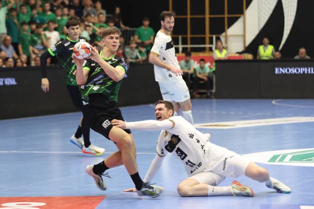 RK Nexe v THW Kiel - EHF European League Men 2025 2026 Matko Moslavacof RK Nexe and Hendrik Pekeler of THW Kiel during the EHF European League Men 2025 26 quarter-finals 1st leg match between RK Nexe and THW Kiel at Sports Hall King Tomislav on April 28, 2026 in Nasice, Croatia.  DavidxJerkovic PIXSELL