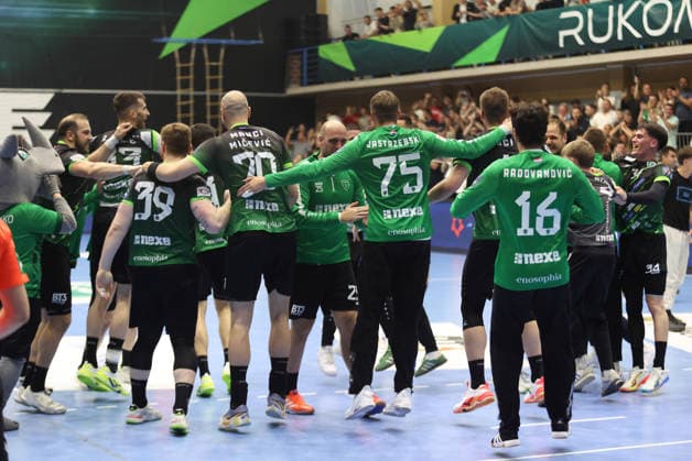 RK Nexe v THW Kiel - EHF European League Men 2025 2026 Players of RK Nexe celebrate after the EHF European League Men 2025 26 quarter-finals 1st leg match between RK Nexe and THW Kiel at Sports Hall King Tomislav on April 28, 2026 in Nasice, Croatia.  DavidxJerkovic PIXSELL