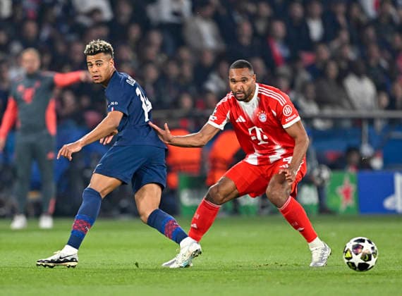 28 04 2026, Football UEFA Championsleague 2025 2026 semi-final first leg, Paris St Germain FC Bayern Munich, at Parc de Princes stadium in Paris France v l Desire Doue FC Paris Saint Germain v Jonathan Tah FC Bayern Munich DFL and DFB regulations prohibit any use of photographs as image sequences and or quasi video