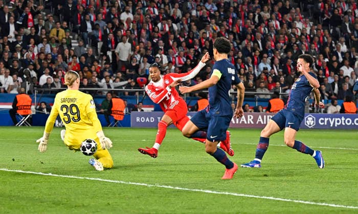 28 04 2026, Football UEFA Championsleague 2025 2026 semi-final first leg, Paris St Germain FC Bayern Munich, at Parc de Princes stadium in Paris France Michael Olise FC Bayern Munich with scoring chance against goalkeeper Matvey Safonov FC Paris Saint Germain and Marquinhos FC Paris Saint Germain DFL and DFB regulations prohibit any use of photographs as image sequences and or quasi video