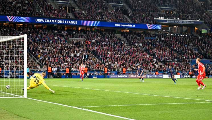 28 04 2026, Football UEFA Championsleague 2025 2026 semi-final first leg, Paris St Germain FC Bayern Munich, at Parc de Princes stadium in Paris France Penalty to 0 1 DFL and DFB regulations prohibit any use of photographs as image sequences and or quasi video