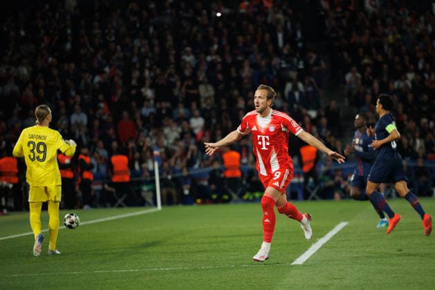 Harry Kane seen celebrating after scoring goal during UEFA Champions League semifinal game between teams of Paris Saint-Germain Football Club and FC Bayern Munchen (Maciej Rogowski Ball Raw Images PT) Paris Parc des Princes France Copyright: xMaciejxRogowskix maciejrogowski_psg_bayern_2526-2