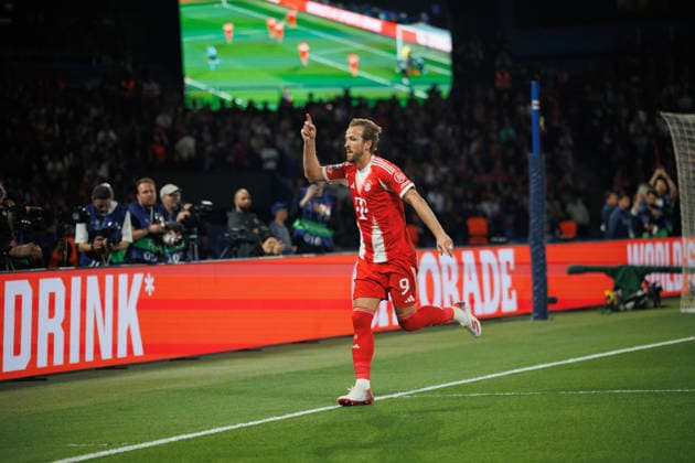 Harry Kane seen celebrating after scoring goal during UEFA Champions League semifinal game between teams of Paris Saint-Germain Football Club and FC Bayern Munchen (Maciej Rogowski Ball Raw Images PT) Paris Parc des Princes France Copyright: xMaciejxRogowskix maciejrogowski_psg_bayern_2526-8