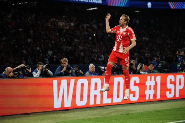 Harry Kane seen celebrating after scoring goal during UEFA Champions League semifinal game between teams of Paris Saint-Germain Football Club and FC Bayern Munchen (Maciej Rogowski Ball Raw Images PT) Paris Parc des Princes France Copyright: xMaciejxRogowskix maciejrogowski_psg_bayern_2526-11