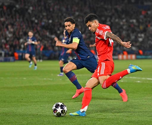 28 04 2026, Football UEFA Championsleague 2025 2026 semi-final first leg, Paris St Germain FC Bayern Munich, at Parc de Princes stadium in Paris France v l Marquinhos FC Paris Saint Germain v Luis Diaz FC Bayern Munich DFL and DFB regulations prohibit any use of photographs as image sequences and or quasi video