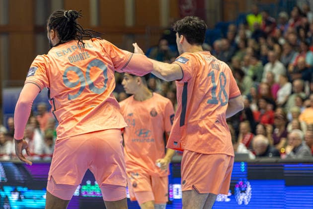 KASSEL, GERMANY - APRIL 28: Gilberto Brito Duarte (FC Porto Handball, 90) and Vasco Costa (FC Porto Handball, 18) after a goal for FC Porto during the EHF European League, match between MT Melsungen vs. FC Porto at Rothenbach-Halle on April 28, 2026 in Kassel, Germany. Hessen Germany Copyright: xBEAUTIFULxSPORTS Freudensteinx