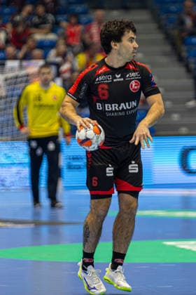 KASSEL, GERMANY - APRIL 28: Erik Balenciaga Azcue (MT Melsungen, 6) with ball during the EHF European League, match between MT Melsungen vs. FC Porto at Rothenbach-Halle on April 28, 2026 in Kassel, Germany. Hessen Germany Copyright: xBEAUTIFULxSPORTS Freudensteinx