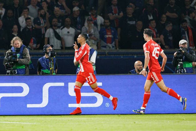 Michael Olise seen celebrating after scoring goal during UEFA Champions League semifinal game between teams of Paris Saint-Germain Football Club and FC Bayern Munchen (Maciej Rogowski Ball Raw Images PT) Paris Parc des Princes France Copyright: xMaciejxRogowskix maciejrogowski_psg_bayern_2526-8-2