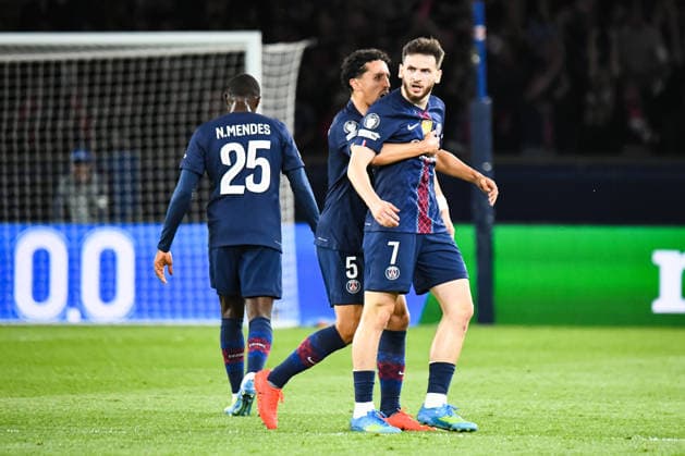 FOOTBALL : Paris Saint Germain vs FC Bayern Munich - Ligue des Champions - demi finale aller - 28 04 2026 Joie des joueurs du Paris SG aprÃ s le but de Khvicha Kvaratskhelia (Paris SG) ParisFrance  Copyright: xBaptistexAutissierx