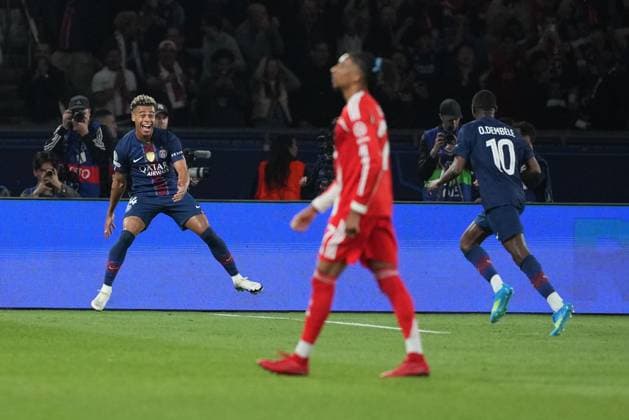 Desire Doue of PSG celebrates with Ousmane Dembele of PSG after their side goes 5-2 ahead Paris Saint-Germain v Bayern Munich, UEFA Champions League, Semi Final, First Leg, Football, Parc des Princes, Paris, France - 28 Apr 2026Paris Parc des Princes France EDITORIAL USE ONLY No use with unauthorised audio, video, data, fixture lists, club league logos or live services. Online in-match use limited to 120 images, no video emulation. No use in betting, games or single club league player publications. Copyright: xDavexWinter Shutterstockx 16847969cl