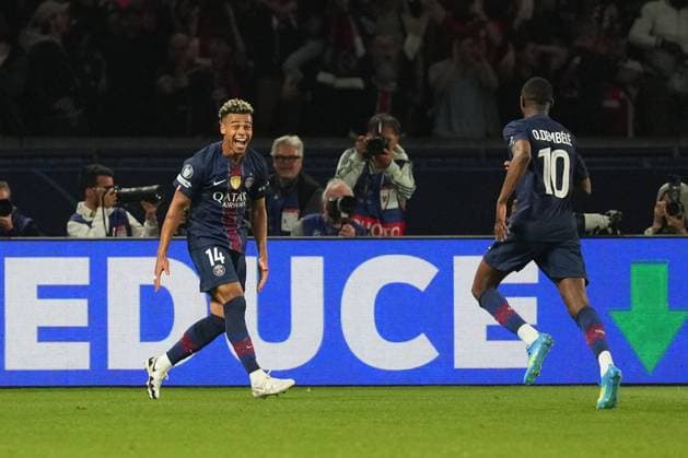 Desire Doue of PSG celebrates with Ousmane Dembele of PSG after their side goes 5-2 ahead Paris Saint-Germain v Bayern Munich, UEFA Champions League, Semi Final, First Leg, Football, Parc des Princes, Paris, France - 28 Apr 2026Paris Parc des Princes France EDITORIAL USE ONLY No use with unauthorised audio, video, data, fixture lists, club league logos or live services. Online in-match use limited to 120 images, no video emulation. No use in betting, games or single club league player publications. Copyright: xDavexWinter Shutterstockx 16847969cm