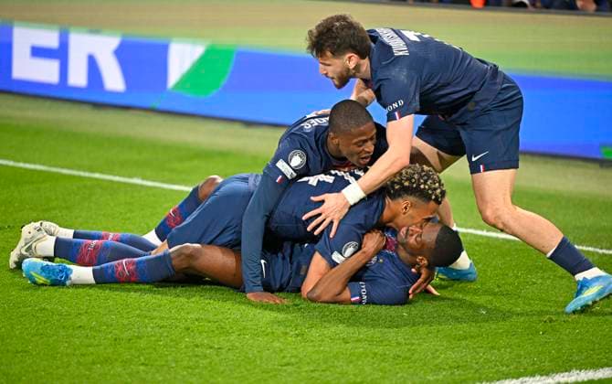 28 04 2026, Football UEFA Championsleague 2025 2026 semi-final first leg, Paris St Germain FC Bayern Munich, at the Parc de Princes stadium in Paris France Ousmane Dembele FC Paris Saint Germain goal celebration DFL and DFB regulations prohibit any use of photographs as image sequences and or quasi video