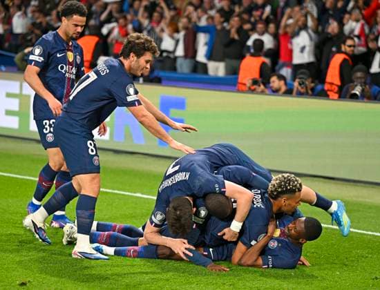 28 04 2026, Football UEFA Championsleague 2025 2026 semi-final first leg, Paris St Germain FC Bayern Munich, at the Parc de Princes stadium in Paris France Ousmane Dembele FC Paris Saint Germain goal celebration DFL and DFB regulations prohibit any use of photographs as image sequences and or quasi video