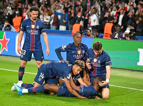 28 04 2026, Football UEFA Championsleague 2025 2026 semi-final first leg, Paris St Germain FC Bayern Munich, at the Parc de Princes stadium in Paris France Ousmane Dembele FC Paris Saint Germain goal celebration DFL and DFB regulations prohibit any use of photographs as image sequences and or quasi video