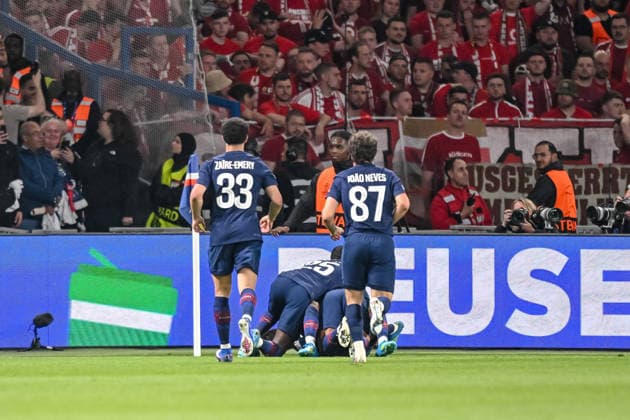 Ousmane Dembele Paris Saint Germain FC celebrates after scoring his team s fifth goal with teammates during the UEFA Champions League 2025 26 Semi Final First Leg match between Paris Saint Germain and FC Bayern München at Parc des Princes on April 28, 2026 in Paris, France Photo by Harry Langer DeFodi Images