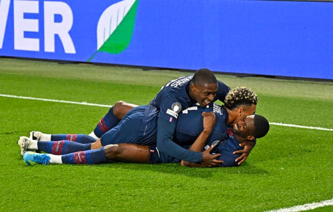 28 04 2026, Football UEFA Championsleague 2025 2026 semi-final first leg, Paris St Germain FC Bayern Munich, at the Parc de Princes stadium in Paris France Ousmane Dembele FC Paris Saint Germain goal celebration DFL and DFB regulations prohibit any use of photographs as image sequences and or quasi video