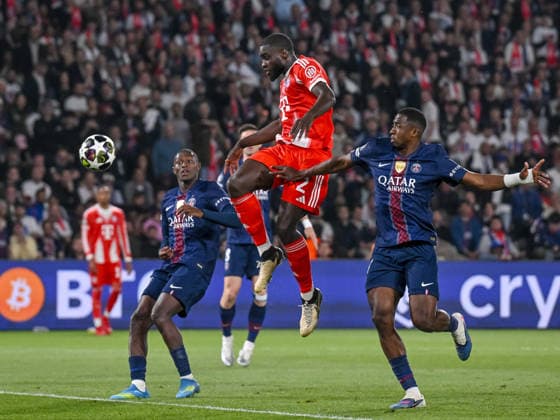 Dayot Upamecano FC Bayern München scores his team s third goal during the UEFA Champions League 2025 26 Semi Final First Leg match between Paris Saint Germain and FC Bayern München at Parc des Princes on April 28, 2026 in Paris, France Photo by Harry Langer DeFodi Images