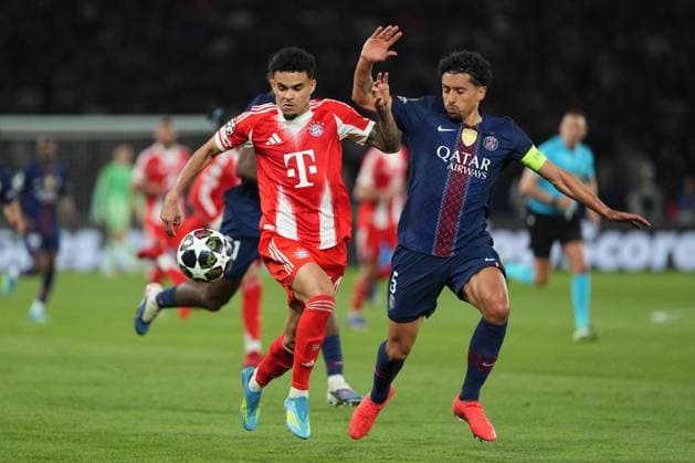 Luis Diaz of Bayern Munich takes on Marquinhos of PSG Paris Saint-Germain v Bayern Munich, UEFA Champions League, Semi Final, First Leg, Football, Parc des Princes, Paris, France - 28 Apr 2026Paris Parc des Princes France EDITORIAL USE ONLY No use with unauthorised audio, video, data, fixture lists, club league logos or live services. Online in-match use limited to 120 images, no video emulation. No use in betting, games or single club league player publications.  Copyright: xDavexWinter Shutterstockx 16847969dh