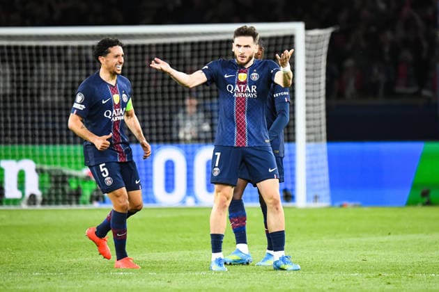 FOOTBALL : Paris Saint Germain vs FC Bayern Munich - Ligue des Champions - demi finale aller - 28 04 2026 Joie des joueurs du Paris SG aprÃ s le but de Khvicha Kvaratskhelia (Paris SG) ParisFrance  Copyright: xBaptistexAutissierx