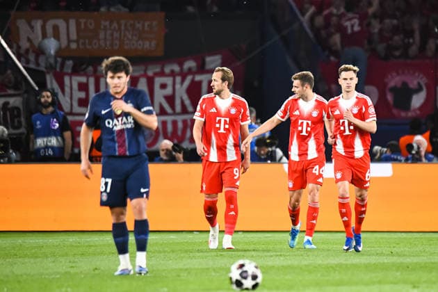 FOOTBALL : Paris Saint Germain vs FC Bayern Munich - Ligue des Champions - demi finale aller - 28 04 2026 Joie des joueurs du Bayern Munich apres le but de Harry Kane (Bayern Munich) ParisFrance  Copyright: xBaptistexAutissierx
