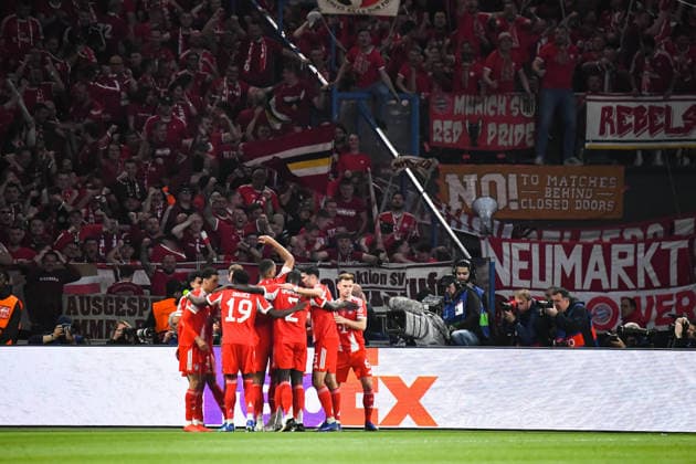 FOOTBALL : Paris Saint Germain vs FC Bayern Munich - Ligue des Champions - demi finale aller - 28 04 2026 Joie des joueurs du Bayern Munich apres le but de Harry Kane (Bayern Munich) ParisFrance  Copyright: xBaptistexAutissierx