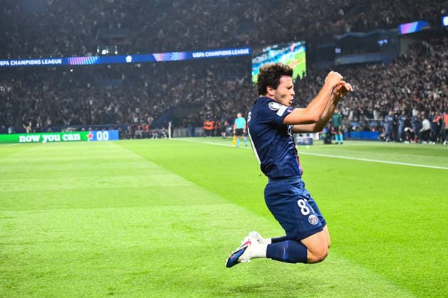 FOOTBALL : Paris Saint Germain vs FC Bayern Munich - Ligue des Champions - demi finale aller - 28 04 2026 Joie des joueurs du Paris SG aprÃ s le but de Joao Neves (Paris SG) ParisFrance  Copyright: xBaptistexAutissierx