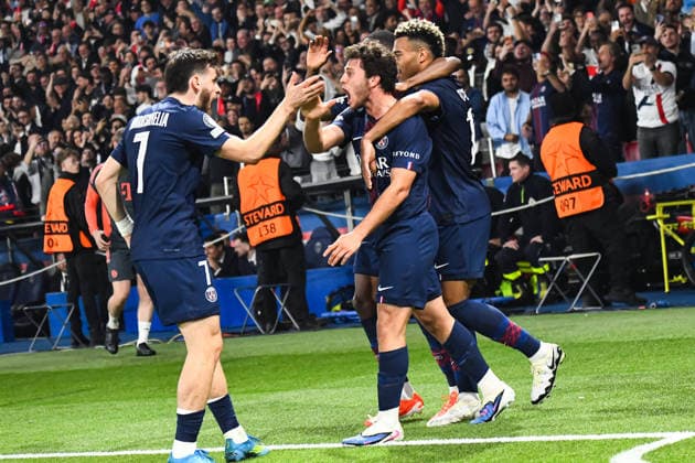 FOOTBALL : Paris Saint Germain vs FC Bayern Munich - Ligue des Champions - demi finale aller - 28 04 2026 Joie des joueurs du Paris SG aprÃ s le but de Joao Neves (Paris SG) ParisFrance  Copyright: xBaptistexAutissierx