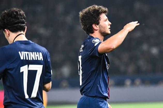 FOOTBALL : Paris Saint Germain vs FC Bayern Munich - Ligue des Champions - demi finale aller - 28 04 2026 Joie des joueurs du Paris SG aprÃ s le but de Joao Neves (Paris SG) ParisFrance  Copyright: xBaptistexAutissierx